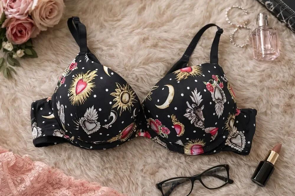 Torrid Curve 42C Black Sacred Heart Floral Print Bra Underwire Padded Full Cover
